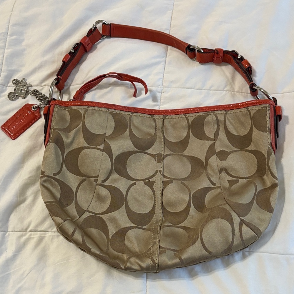 Coach Tan and Red Signature Shoulder Bag